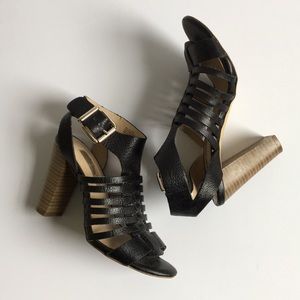 Black strappy leather stacked heels Boho sandals